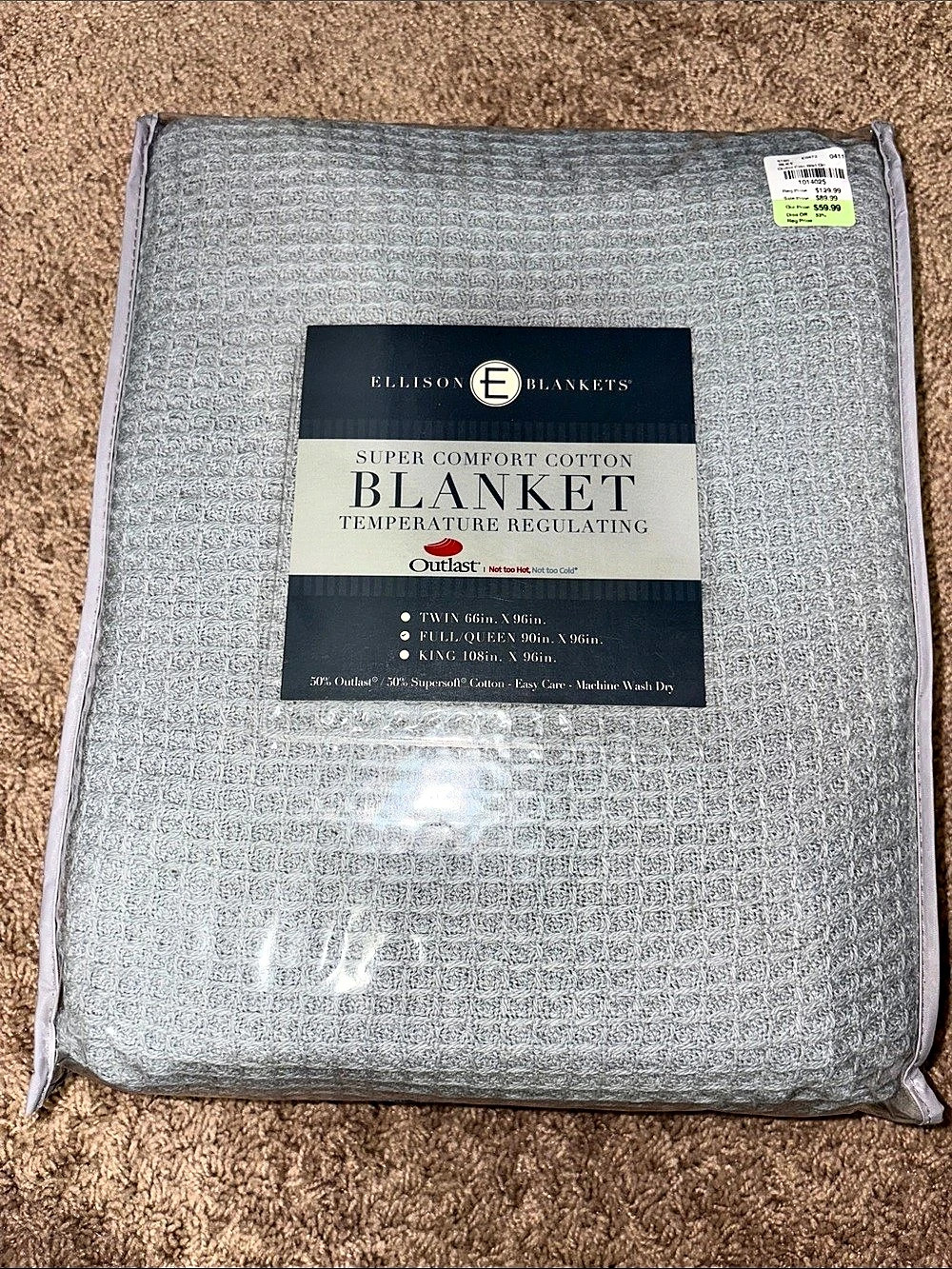 Ellison Blankets Super Comfort Cotton Blanket Blue/Gray Queen NWT